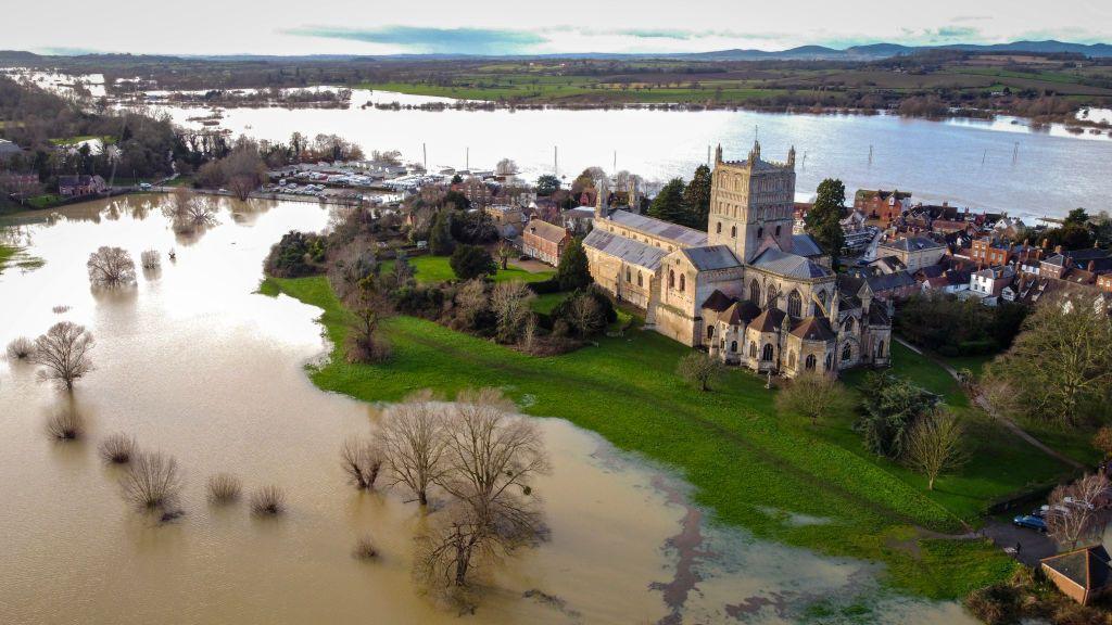 An aerial view shows Tewkesbury Abbey surrounded by floodwater after the Rivers Swilgate and Avon burst their banks