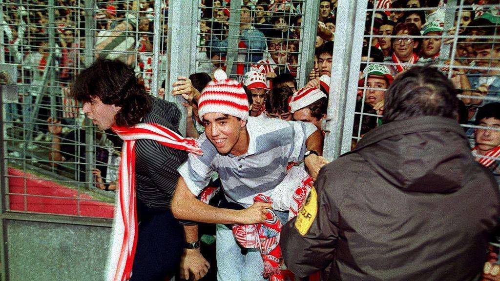 Athletic Bilbao supporters invade the pitch after the win against Newcastle United in the Uefa Cup on 1 November, 1994