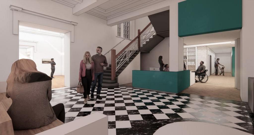 An artist's impression of the gallery with a black and white tiled floor and green furniture