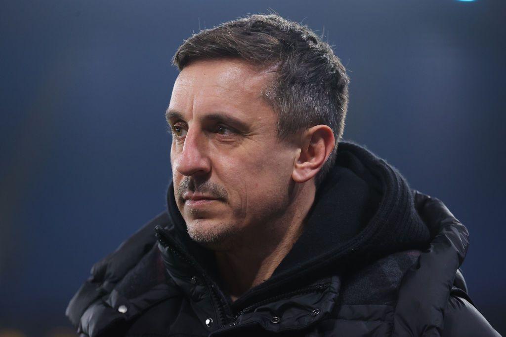 Gary Neville looks on from pitchside ahead of Sky Sports' live coverage of a Premier League fixture
