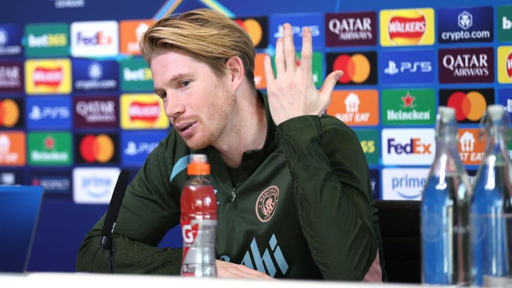 Manchest City's Kevin De Bruyne speaking to the media ahead of their Champions League game versus Feyenoord