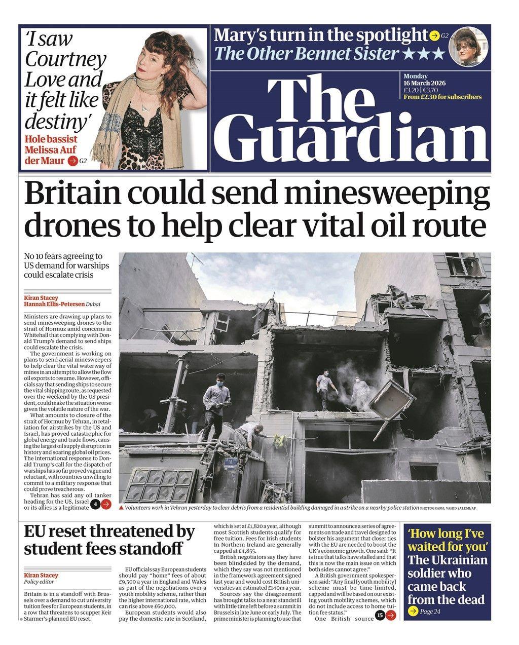 “Britania mund të dërgojë dronë pastrimi të minave për të ndihmuar në pastrimin e një rruge jetësore të naftës”, thuhet në titullin kryesor të gazetës Guardian.