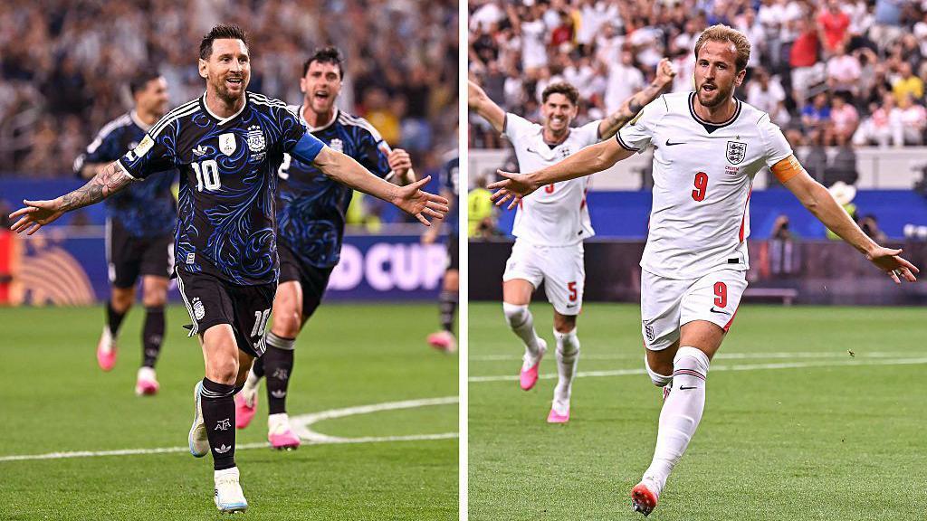 Messi and Kane celebrating scoring a goal.
