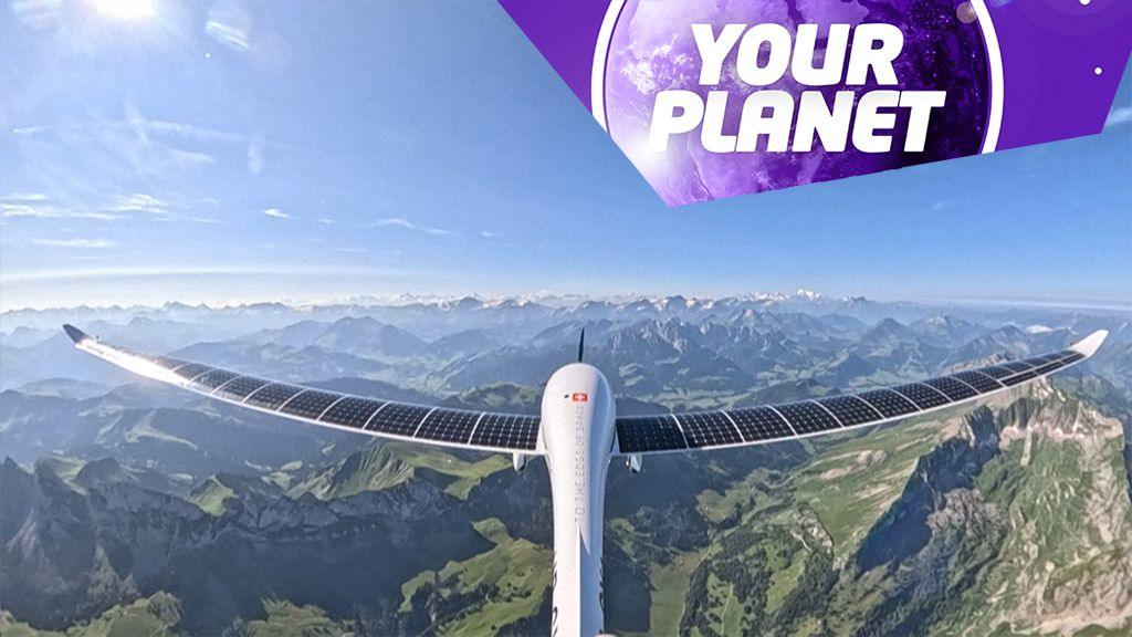 A solar plane and the Your Planet logo