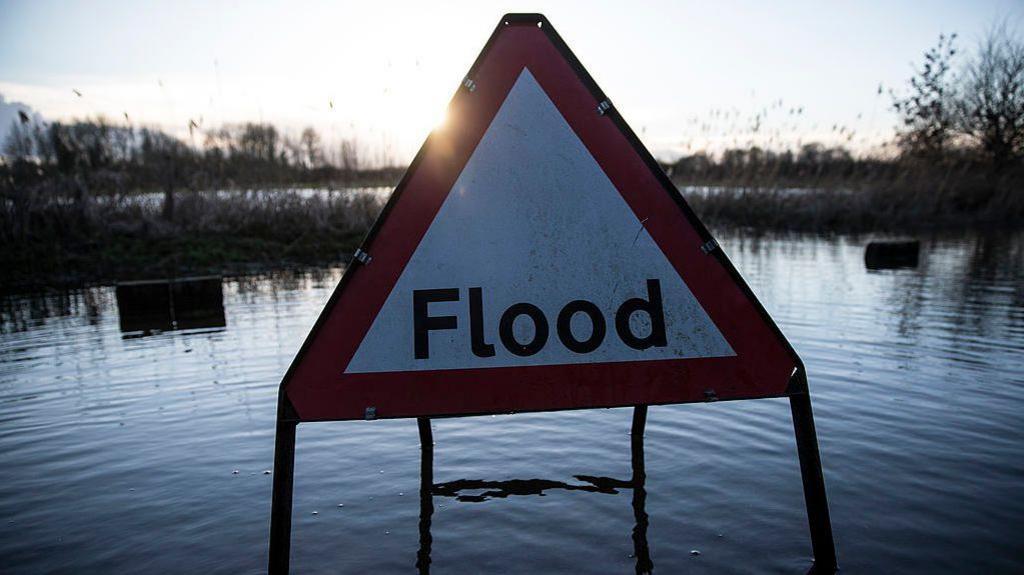 A triangle red and white flood sign in water