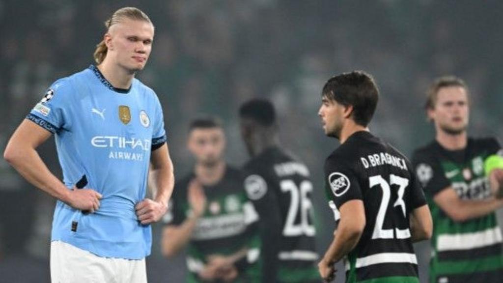 A dejected Erling Haaland after Manchester City beaten by Sporting