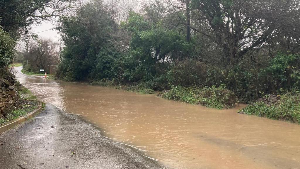 Water over the road at Goonhavern in Cornwall