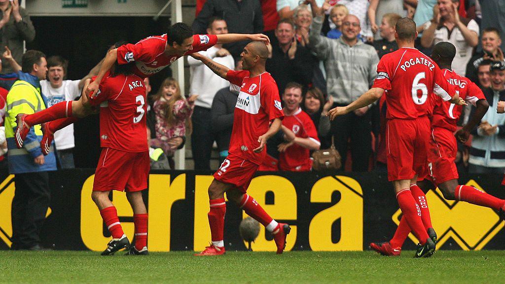 Middlesbrough players celebrate during their 8-1 win against Manchester City in 2008