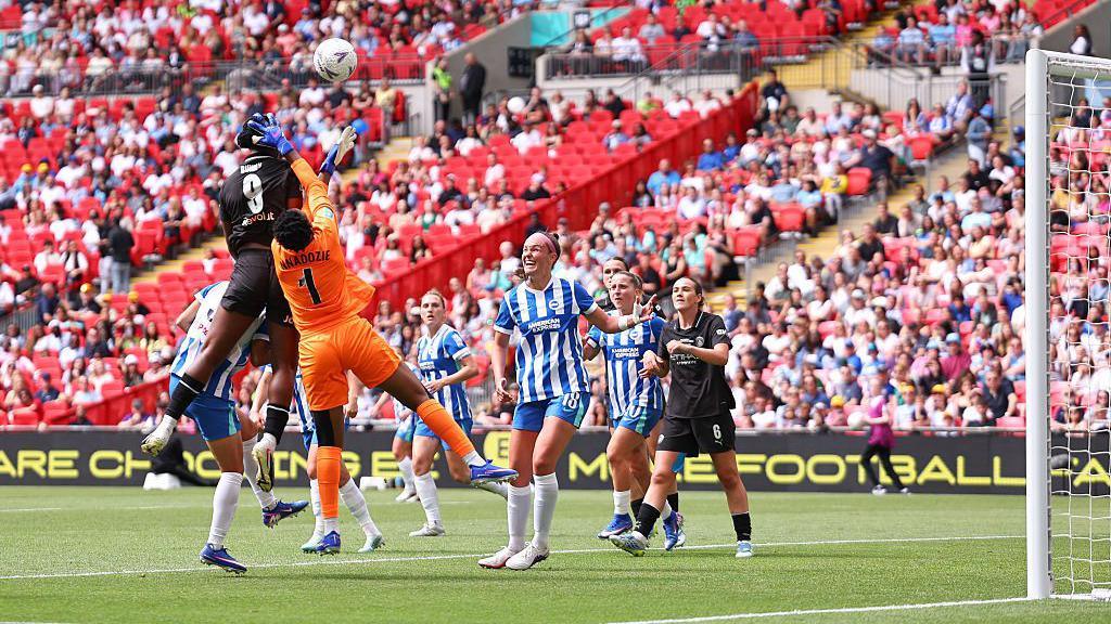 Khadija Shaw heads the opening goal for Manchester City