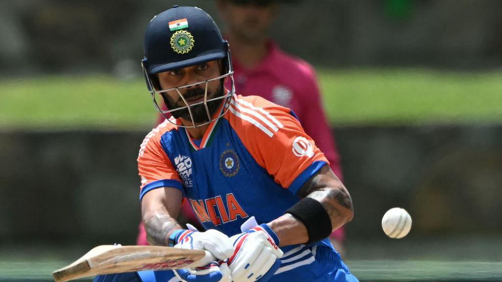 India's Virat Kohli hits a shot during the ICC men's Twenty20 World Cup 2024 Super Eight cricket match between India and Bangladesh at Sir Vivian Richards Stadium in North Sound, Antigua and Barbuda, on June 22, 2024. (