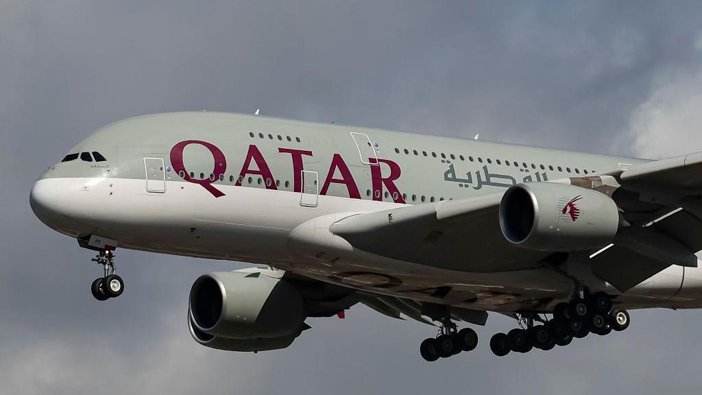 A file photo of a Qatar Airways airbus in the sky.