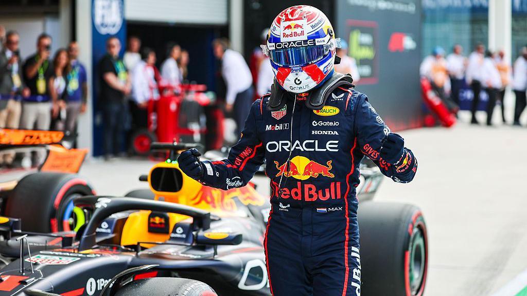 Max Verstappen celebrates claiming pole position in Miami