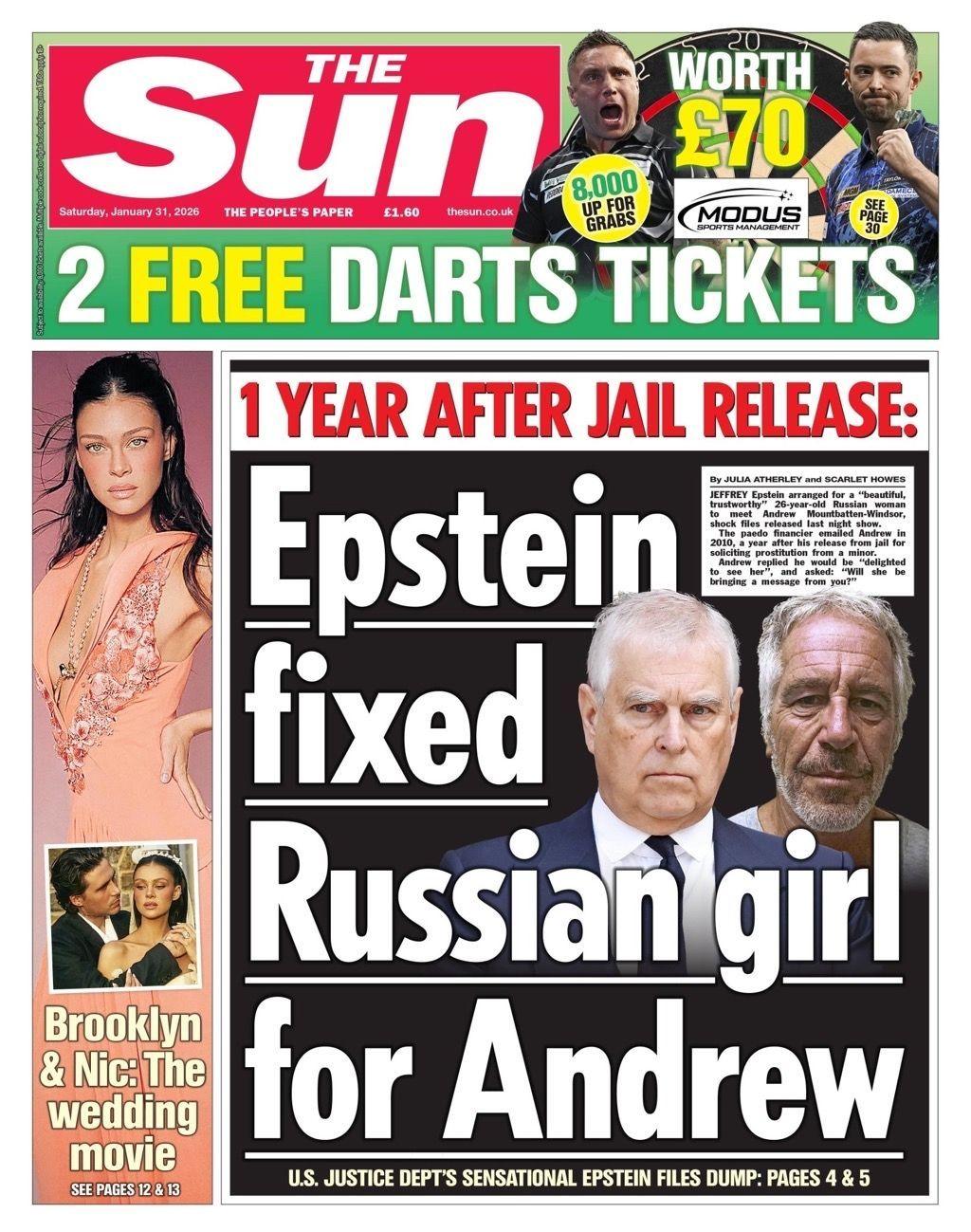 Titulli në faqen e parë të gazetës The Sun thotë: "Epstein ia ngarkoi Andrew një vajzë ruse".