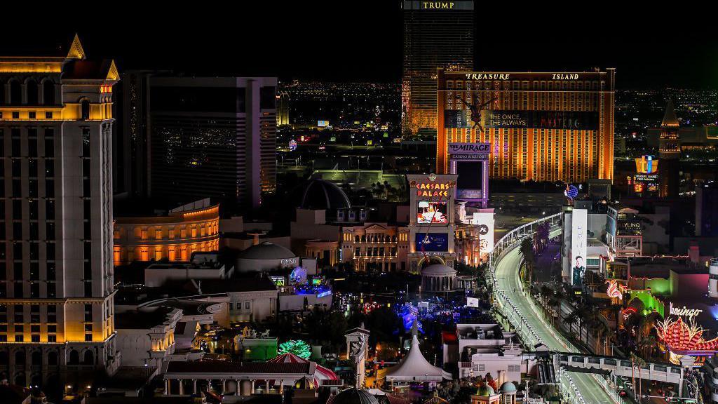 Trump Tower, Treasure Island and Caesars Palace provide the backdrop to the Las Vegas Grand Prix circuit