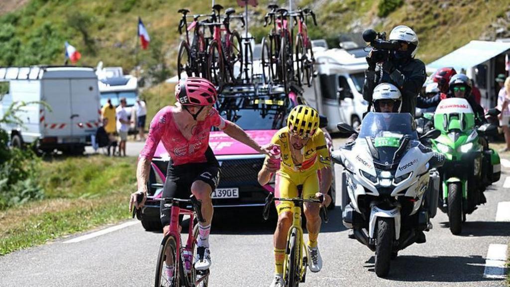 Harry Sweeny and Ben Healy climbing during stage 12 of the 2025 Tour de France