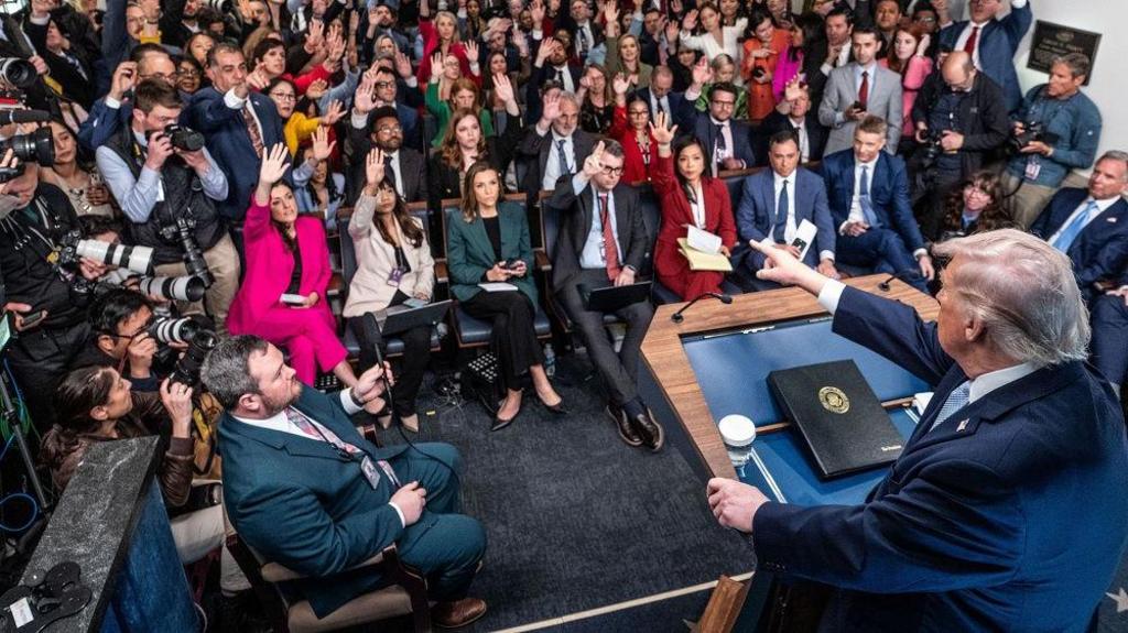 US President Donald J Trump calls on reporters during a media briefing on Iran from the White House in Washington, DC, USA, 06 April 2026.