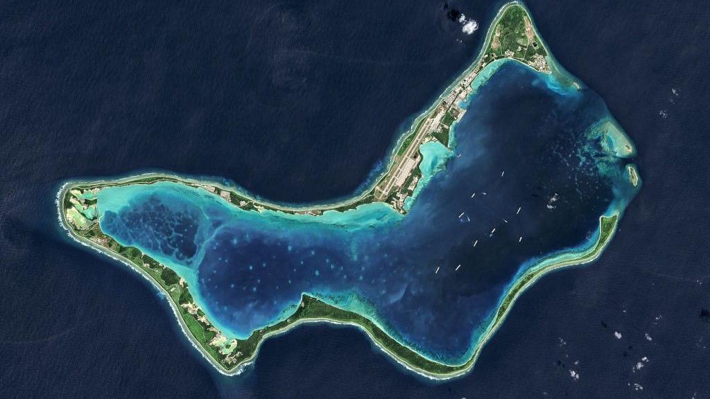 A satellite image of Diego Garcia in the Indian Ocean