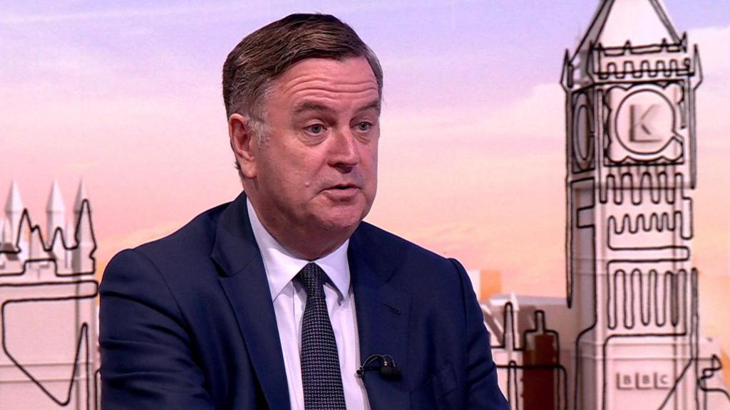 Mel Stride is pictured on the set of Sundays with Laura Kuenssberg
