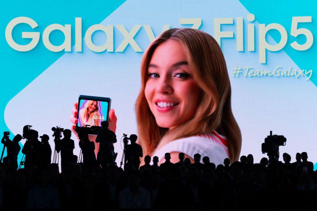 A photograph of actress Sydney Sweeney projected on the stage during Samsung Electronics Co.'s Galaxy Unpacked event in Seoul, South Korea, on Wednesday, July 26, 2023.