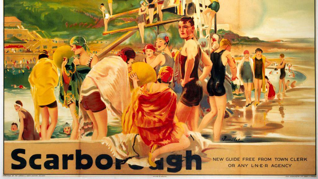 A illustrated poster produced between 1923 -1947 for LNER, depicting Scarborough South Bay pool, with swimmers in old-fashioned swimming costumes.