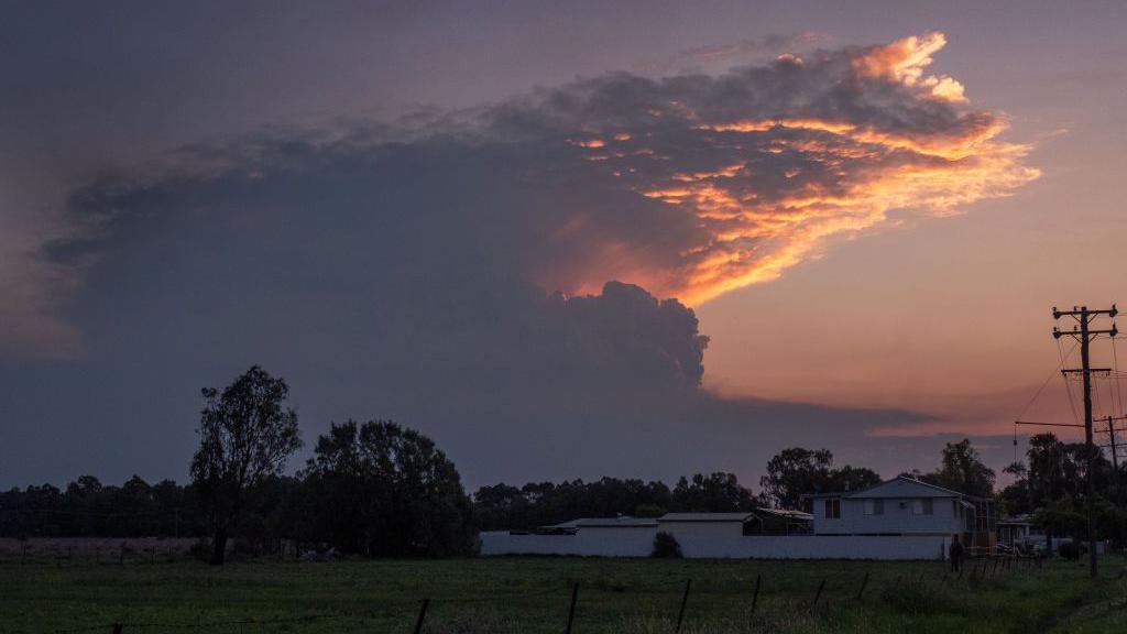A pyrocumulonimbus cloud above a green field. 