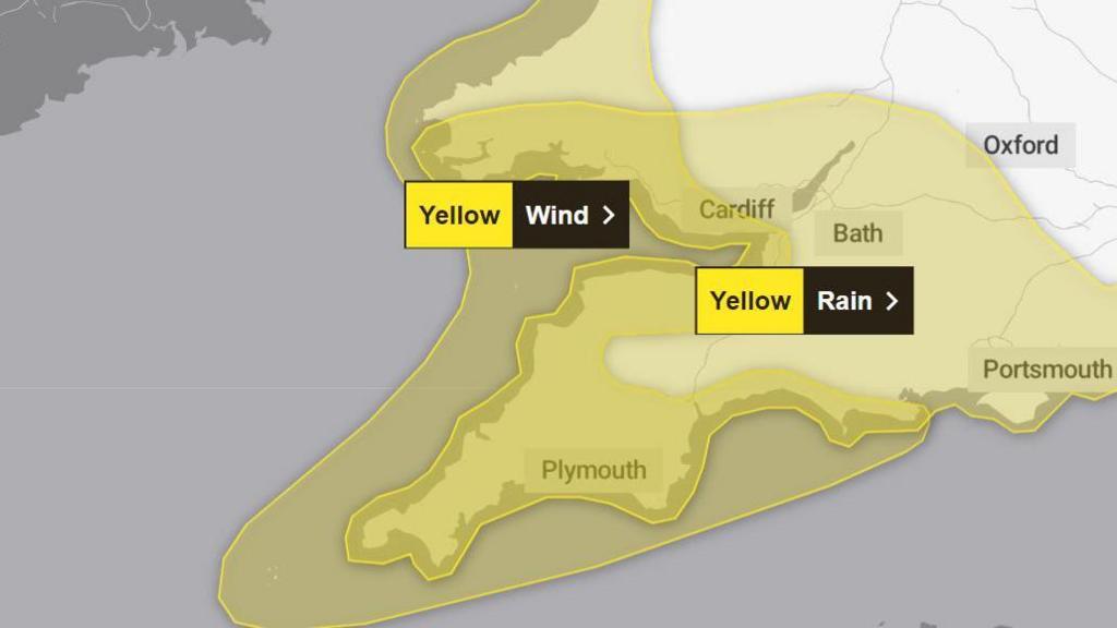 A map published by the Met Office shows the south of the country from Plymouth up to Oxford, wrapped in an area of yellow, indicating weather warnings for both wind and rain. 