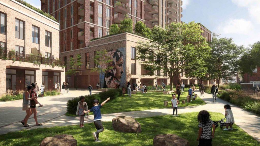 An artist's impression of the exterior of the development, with families and children playing in a green space in between rocks and trees, while flats with balconies and plants sit behind them