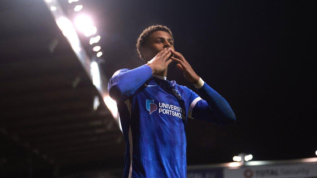 Kusini Yengi blowing a kiss to the crowd celebrating Portsmouth's second goal