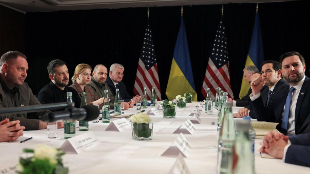 US Vice President JD Vance (R), US Secretary of State Marco Rubio (2nd R) and Ukrainian President Volodymyr Zelensky (L) meet on the sidelines of the 61st Munich Security Conference (MSC) in Munich, southern Germany