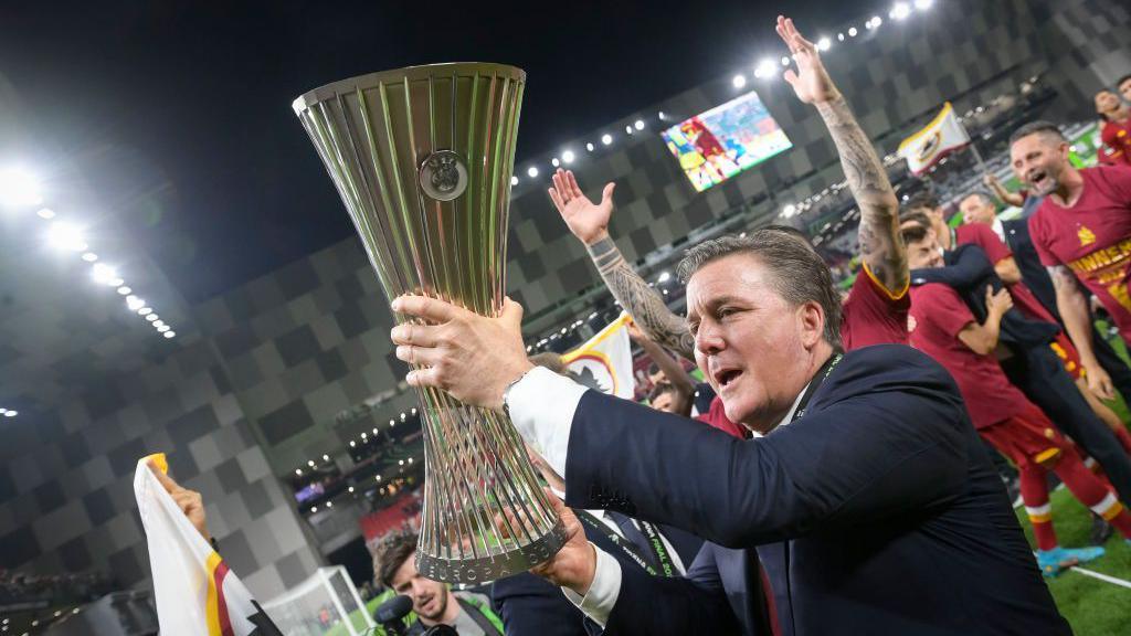 AS Roma President Dan Friedkin poses with trophy after the UEFA Conference League final match between AS Roma and Feyenoord at Arena Kombetare on May 25, 2022