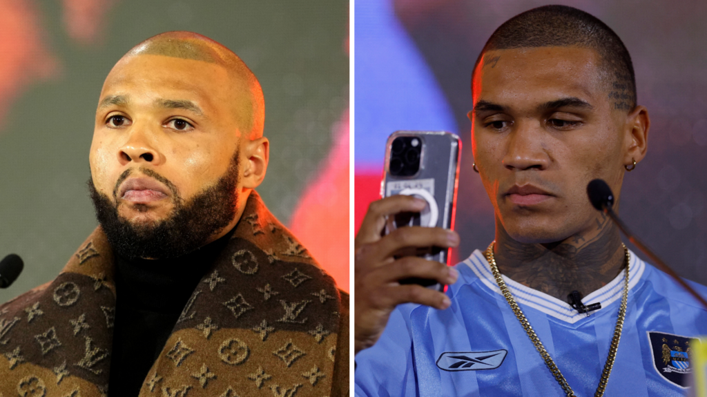 Split image of Chris Eubank Jr and Conor Benn at a news conference