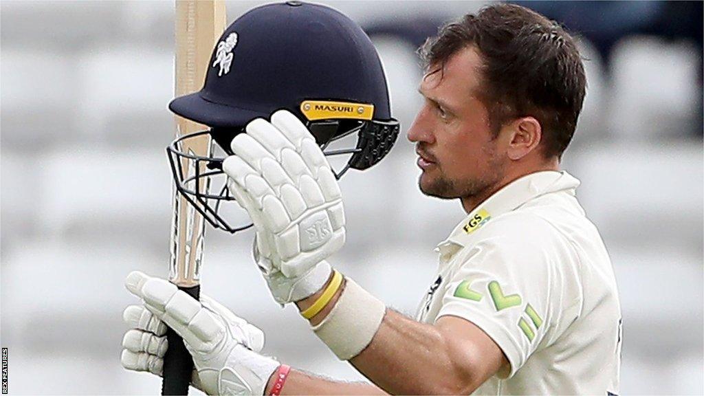 Kent batter Harry Finch celebrates his hundred