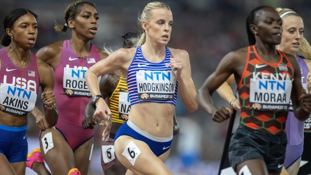 Keely Hodgkinson during the 2023 World Athletics Championships, with Mary Moraa and Nia Akins