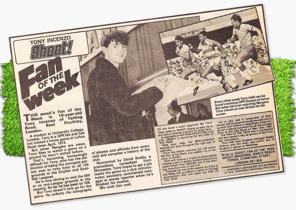 A photograph of football groundhopper Tony Incenzo featured in Shoot magazine in 1983