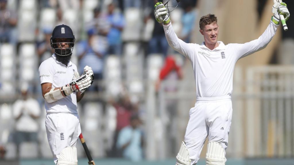 Keaton Jennings and Moeen Ali celebrate Jennings' century