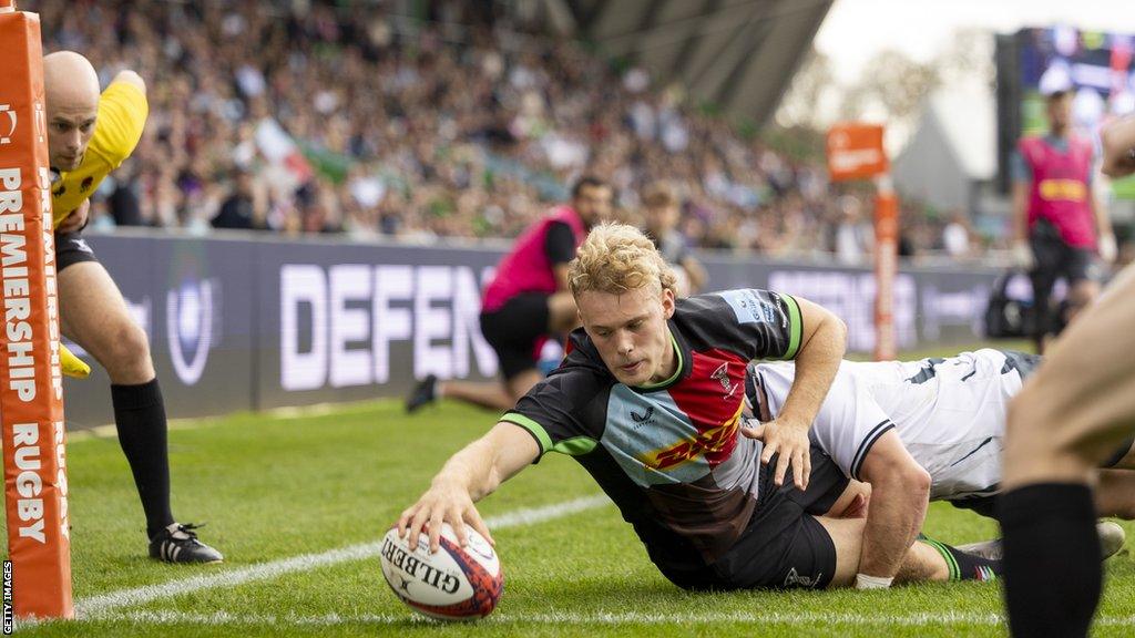 Louis Lynagh scores a try for Harlequins against Saracens in the Premiership Rugby Cup