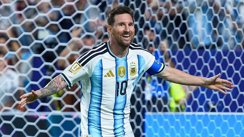 Messi celebrating after scoring.