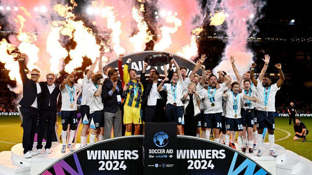 England lifting the Soccer Aid trophy in 2024.
