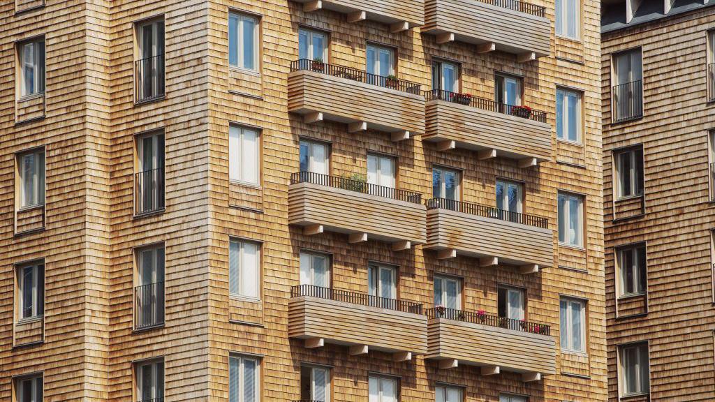The wooden exterior of the Cederhusen development in Stockholm