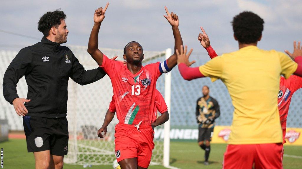 Namibia's Peter Shalulile (2nd L) celebrates after scoring a goal during the 2023 Africa Cup of Nations (CHAN) Group C football qualifier match between Namibia and Cameroon at the Dobsonville Stadium in Soweto