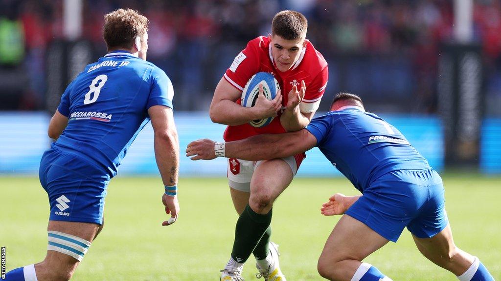 Joe Hawkins plays for Wales against Italy