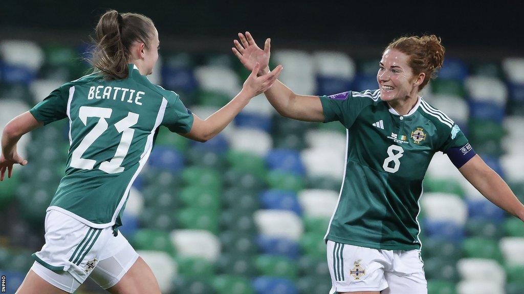 Kerry Beattie celebrates after scoring NI's goal in last week's 6-1 defeat by the Republic of Ireland in Belfast