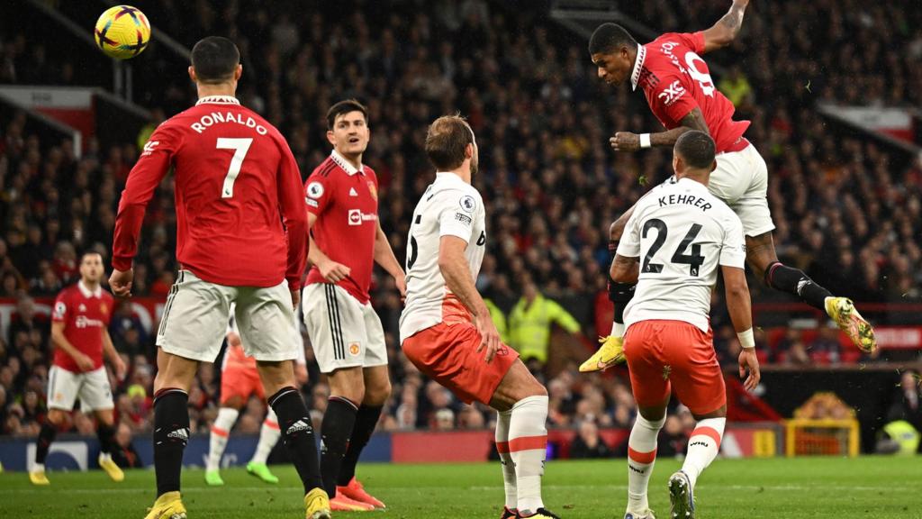 Marcus Rashford (top right) scores