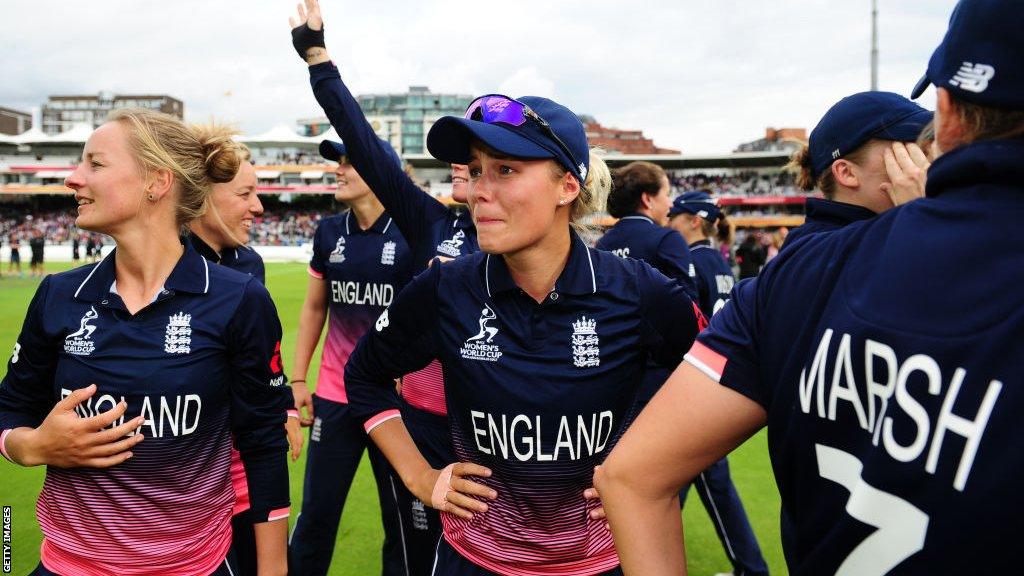 Alex Hartley (middle) is emotional with her England team-mates after winning the World Cup at Lord's in 2017