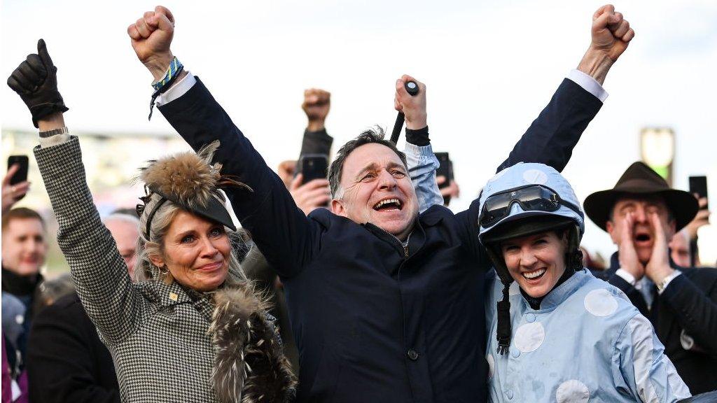 Honeysuckle's trainer Henry de Bromhead celebrates with wife Heather and jockey Rachael Blackmore