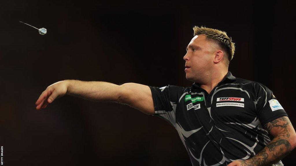 Gerwyn Price throws in his PDC World Darts Championship match against Conor Scutt