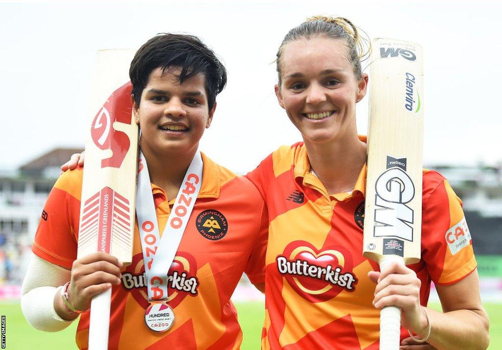 Shafali Verma & Eve Jones stand together