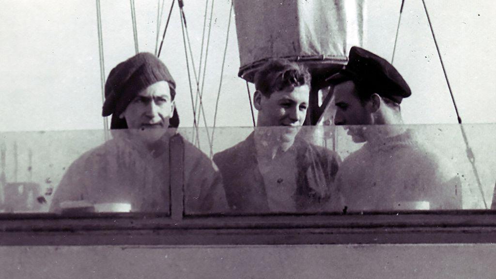 Troughton served in the Royal Navy during World War Two, pictured here (left) on the bridge of the HMS RML 514 circa 1945