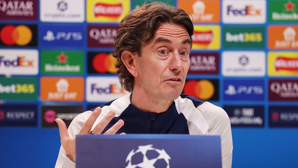 Thomas Frank, head coach of Tottenham Hotspur, speaks to the media during a press conference.