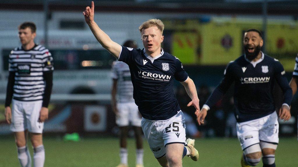 Lyall Cameron celebrates after scoring for Dundee against Queen's Park